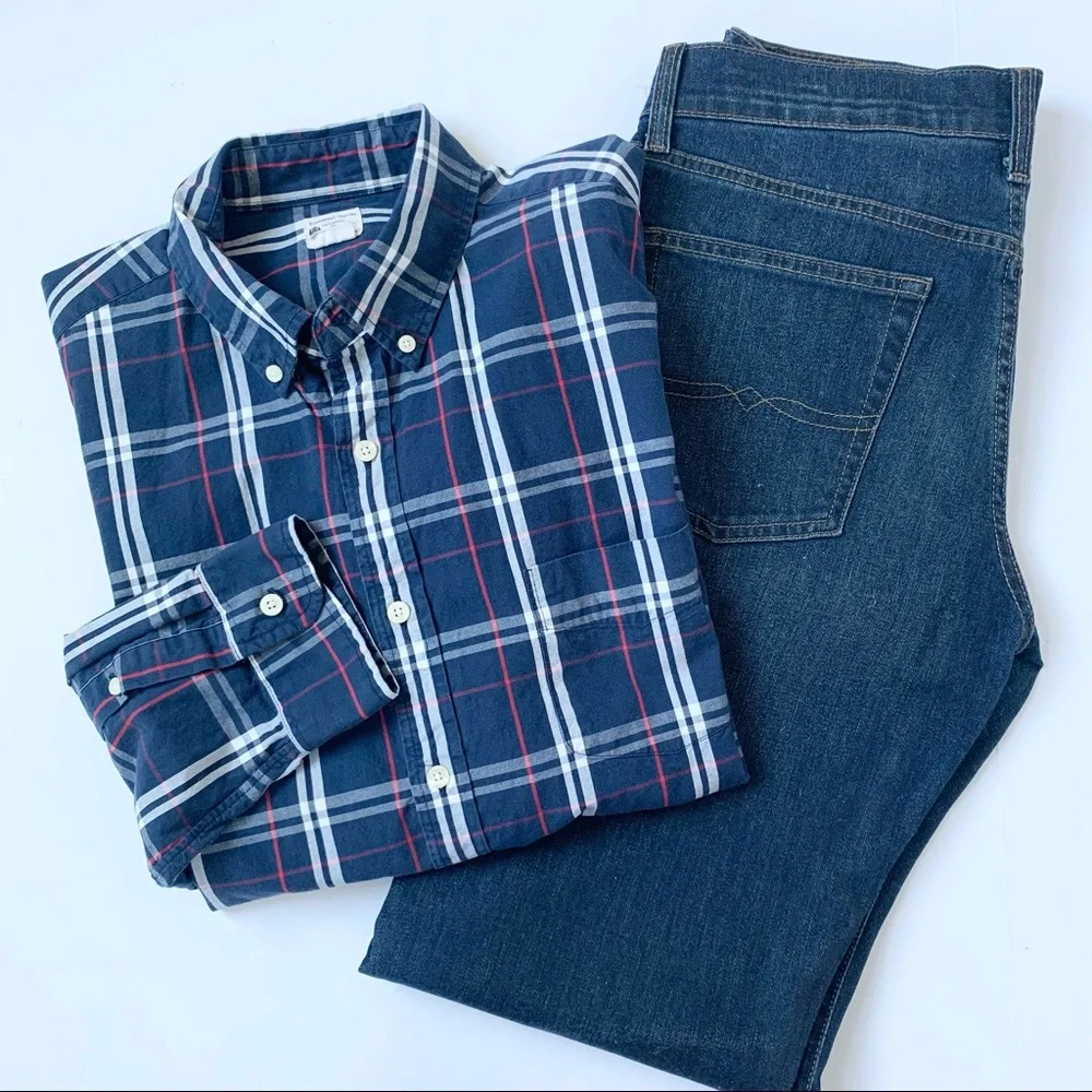 J. Crew Navy Plaid Tailored Fit Button Down Shirt Size Large